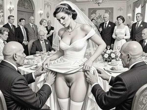 This is is a detailed monochromatic pencil drawing in a classical illustrative style depicts a scene set in USSR, in 1950s, a striking busty bride in a white dress, ((2 ugly bald old men roughly pawing her labia with their fingers)), 2 ugly bald old men mocking, on a festive table during the wedding banquet, She lifts the hem of her wedding dress with her hands, hairy pussy, her white stockings are visible, family and parents are watching in their best clothes, a large banquet hall, They celebrate the wedding without noticing the bride, The overall mood is intense, rendered in fine, expressive line work and subtle shading, evoking the style of 1950s satirical or moralistic illustrations.