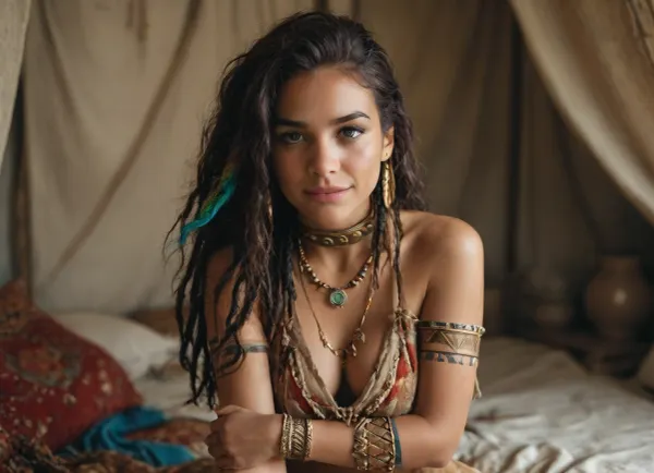 Luxury hippy yurt tent, best quality, hyper intricate detailed image, gorgeous seductive luscious, (jewelry, collar, necklaces, braclets, tribal Tattoos), very Long Dreadlocks with colored Highlights, Glowing hair accessories, fully rounded big perky perfectly Protruding boobs, big full swollen lips, thoughtful expression, lascivious smile, sexy hippy clothes, <lora:MJ52:.8>
