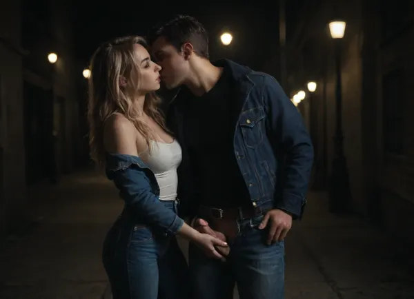 couple, 25 years, male and female, sexy, both wearing denim jacket blue intense with very long sleeves and long tight jeans with belt, kiss and handjob, female tits visible, male penis visible, female very long blonde silky hair with long extensions, male short redhair, women grab male penis and masturbate, night-time, dark, streetlights, nightime, moonlight, <lora:looking_at_viewer:.8>, <lora:dark:.8>