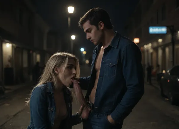 couple, 25 years, blowjob, very detailed blonde sexy women full makeup with very long blonde silky hair with long extensions, she wearing blue denim jacket with very long sleeves, opened, empty chest and long tight jeans with belt, tits visible, she kneel and suck dick from a athletic very detailed man with short redhair, he wearing blue denim jacket with very long sleeves, he stand up and have pleasure, cumshot, show both full bodies and faces of both, side, camera, night-time, dark, streetlights, nightime, moonlight, detailed eyes, <lora:dark:.8>