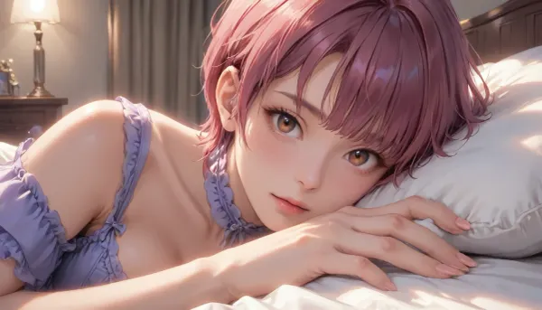 ((masterpiece, best quality, ultra-detailed, perfect drawing, perfect hands, perfect fingers)), 1 East Asian woman, 30 years old, MILF, Luxury Hotel bedroom, A dark bedroom at night, Dim lighting, Cinematic lighting, BREAK, beautiful face, slender face, narrow eyes, (brown eyes), pixie cut hair, magenta hair, svelte body, large natural breasts, pubic hair, wearing purple Ruffled Lingerie and Garter belt, (Lying face down on the bed), close up face, Animated, Nightmare, Style, futuristic-fantasy-anime, <lora:cartoon_stickers_xl_v1:.8>, <lora:AnimatedNightmaresStyle:.4>, <lora:EnvyStarlightPrettyEyes01:.6>, <lora:futureistic_fantasy_anime_sdxl_v1:.8>