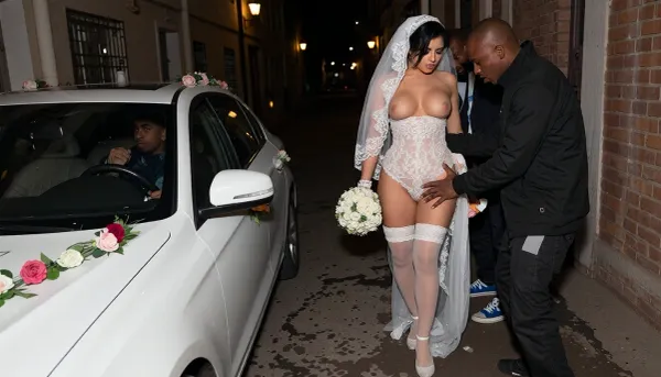 Extremely distant cinematic shot from far behind the flower-decorated white wedding car, looking down the long dark dirty alley at night, the shy embarrassed curvy Iranian bride looking down with flushed face, wearing an extremely tight and revealing hybrid wedding dress made of micro-bikini lingerie and bridal lace that barely covers anything, showing her thighs, sideboob and underboob clearly, white sheer stockings, white high-heeled shoes, long lace wedding veil, holding a bridal bouquet, several rough African black drug-dealer looking criminals thoroughly groping and molesting her body, the groom sitting inside the wedding car watching her with a pleased and aroused expression, tiny distant figures, extreme long shot, cinematic night lighting, humiliating cuckold atmosphere
