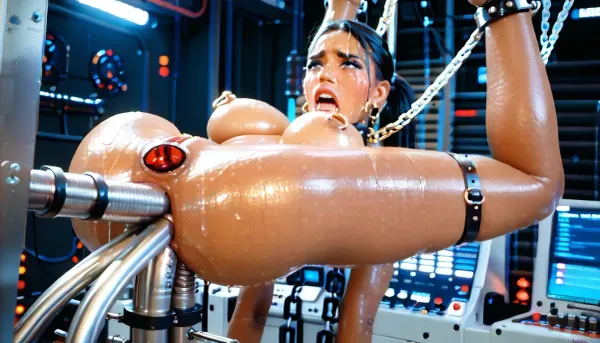 Gorgeous beautiful little goddess, 19 years old, slim body, black hair in ponytail, (very dark tanned), (oiled skin), nipple ring piercing, orgasm face, large breasts, very slim waist, (triple anal penetration, impossible fit:1.3), (ultra detailed high resolution anal penetration:1.4), (woman suspended), (woman bound suspended and restrained), collar, bondage straps, ((suspended by many thick chains and cables:1.6)), (restrained), bound, chained, (massive fucking machine), (massive ribbed coned metal rod sex machines:1.4), (ultra intense screaming:1.5), (extreme sad crying:1.5), (ultra extremely disgusted and repulsed facial expression:1.6), (random sex position), rear angle view, (anus facing viewer), in torture bdsm sex machine dungeon, GapingAssholesAllFourQuiron, pose, from, behind, ass, metallic, <lora:SDXL1.0_quiron_GapingAssholesAllFour_v5.1p_Lora:1.4>, <lora:attractive_notrigger:2>, <lora:EnvyMetallicXL01:2>, <lora:Chain_Chaos_-_DS:.8>, dark, skin, <lora:Darker_skin_SDXL:.8>