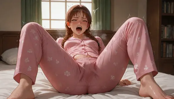 photorealistic, high quality, in room, furniture, window, bookshelf, woman, (brown braids), freckles, blushing, (plump:1.1), (small breasts), (sweaten floral pajamas), (pajama pants), lying on back, (on bed), bedroom, full body, full room view, masturbating, (sweating:1.2), (screaming:1.1), happy, (hand in pants), eyes wide open, orgasm, legs spread wide, (), (trembling)