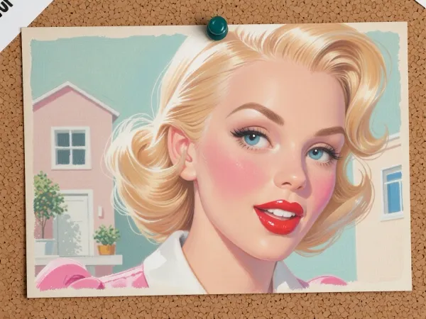 (greasepen art, grease pen on canvass, grease pen painting), (postcard pinned to a corkboard with a single tack, postcard art, old postcard), (1960's style pinup housewife, bombshell babe, pinup girl, 1960's style poster, pastel colors), (huge doe eyes, pale blue eyes:4), (vivid cherry red lipstick, soft blush, soft flirty smle), (blonde hair, glamorous retro styled hair), (oversaturated, smudged colors:2)