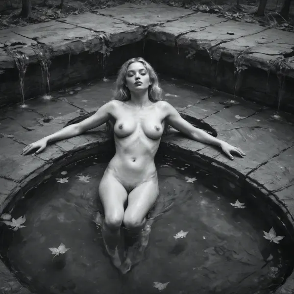 black and white charcoal drawing of a beautiful blonde woman, 24y.o, nude, natural swiming pool old forest magic dream full body view, only her lips are red. The surreal art drawing is on a vintage textured canvas background, a black and white charcoal painting, womans lips are red, art work inspired mucha, klimt, beksinski, vrubel gold light, <lora:spstation:1.3>, <lora:EldritchCharcoalXL1.1:.5>