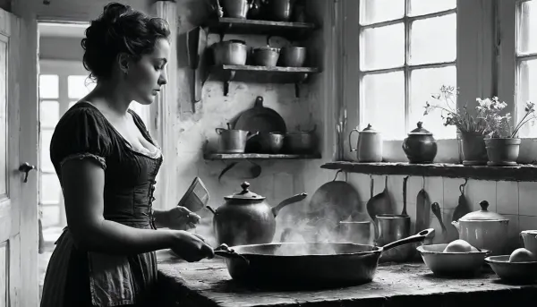 18 century, the young 18-year-old son exposes his malehood to his stepmother. She is working in the kitchen, she is excited as she realize his erection, FRESHIDEAS, Real, Photography, 2#, Black, and, white, art, black, shading, charcoal, toned, brutal, dark, b/w, color, scheme, <lora:FRESHIDEAS Real Photography 2#:.6>, <lora:Black and white art.V1:.1>, <lora:MJ52:.4>, <lora:add-detail-xl:.9>