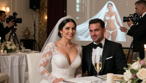 (ultra realistic photo:1.3), 8k UHD, (highly detailed:1.2), sharp focus, professional photography, cinematic lighting, raw photo, Fujifilm XT4, (detailed skin pores, hyper-realistic skin texture:1.2), A beautiful Persian Iranian curvy busty bride in a super tight micro sexy white lace wedding gown, deep V-neckline, sheer veil, and sparkling tiara, smiling happily. Beside her, a pale-skinned Iranian groom in a black tuxedo and bow tie, (smug expression, smirking, pleased:1.2), . They are seated at a wedding reception table with white linen, champagne glasses, and floral centerpieces. In the background, a, (large projection screen:1.3), clearly displaying a detailed behind-the-scenes bridal photoshoot of the same bride wearing only a tiny white micro bikini and a long flowing wedding veil, photographers adjusting her poses, their hands touching and caressing her body and curves, professional studio lighting and camera equipment visible, intimate and seductive atmosphere. Warm ambient reception lighting, shallow depth of field, bokeh background, high dynamic range, photorealistic, (intricate lace details, fabric textures:1.1), 8k resolution, masterpiece, highly defined features.