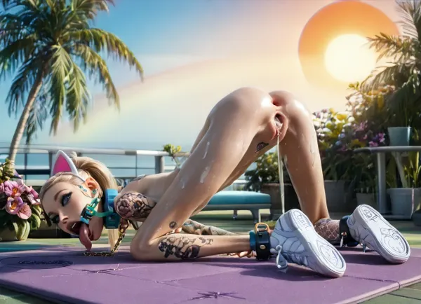 outdoors, (white shore ocean of paradise island:1.4), (side body view:1.6), (low angle view:1.4), (ass forward to viewer:1.6), (a lot of cum dripping from wide open gaping pussy:1.6), (legs spread wide:1.5), (her upper body low to sunbathing mat:1.6), (very skinny ass up:1.6), (very wide crotch between legs:1.6), (hands spread apart to sides:1.5), (narrow innocent looking face:1.8), (very beautiful perfect face:1.7), (young low skinny girl with fake implanted spherical big breasts:1.6), (on knees and elbows:1.6), (upper body forward down:1.5), (perfect:1.5), (wide very skinny very flat ass up a little:1.5), (small very beautiful petite woman:1.5), (21 years old Ukrainian model cutie:1.4), (sweaty:1.1), ((short stature slender fit skinny body:1.7)), ((small thin waist:1.7)), ((very large distance between legs:1.7)), (very low pelvic:1.4), (very wide shoulders:1.7), (very shapely legs very spread apart:1.7), (nipple ring piercings:1.3), (perfect light grey eyes:1.7), (perfect lips), (light white electronic wide mouth spreader ring gag:1.7), (very long wide smooth light white tongue out down:1.7), (round tongue's end:1.6), (wide open big mouth:1.7), (light blonde with rainbow smooth silky hair ponytail:1.5), ((very large distance between rounded medium spherical breasts:1.7)), (very tan fair oiled skin:1.5), thin beautiful eyebrows, (very gorgeous:1.5), (sexy:1.4), (satisfied:1.6), (glowing fluffy silver fake small short cat ears:1.4), (white massive very oversized electronic collar device around very wide short throat:1.5), (tattooed body:1.6), (a lot of tattoo on body:1.4), (seductive sexy makeup:1.5), (long black eyelashes:1.4), lipstick, (stunning:1.3), (dimples:1.4), (white sneakers:1.3), (pink fishnet stockings:1.2), (masterpiece), (beautiful lawn with low flowers:1.3), ((restrained fixed knees to color mat with shackles:1.6)), (in lounge zone:1.3), (palm trees:1.1), (bright day with orange sun:1.3), <lora:Microwaist_XL_v01:1.5>