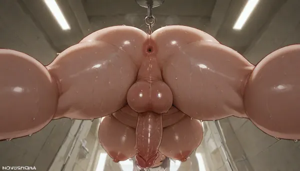 Low angle. public toilet station. gay. A Shiny sweat, huge veiny penis, soft penis, Chubby body. Many details. Huge flaccid cock. Vein cock. Precum. Large hanging balls, pissing, urine, gay porn, open anus, anal piss, novuschroma, <lora:105_novuschroma_1:.8>, <lora:Public_male_toilet:.8>