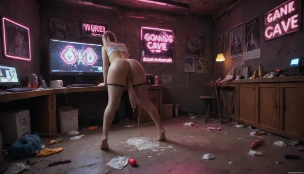 ((Bimbo shemale standing infant of a full mirror in a dim pink room with pink and purple neon lights surrounded by computer screens displaying her, (and pictures of hentai and porn poster on the walls)), she has gigantic tits, wide hips, big cock, she has blond hair, French tight braids, pale skin, slutty, ((she is wearing black fishnet stockings, a tight white top that has "cumslut" printed on it), in pink lettering), ((the room is dimly lit with a neon sign that reads "Goon Cave")), there are used tissues on the floor all around her, dildos, porn magazine, ((she is covered in cum)), there is a bottle of lube on the floor, 8k, uhd, insanely detailed, masterpiece, shemale, cum, on, face, front_view, 2/3_front, 1/3_front, side_view, 1/3_back, 2/3_back, eye_level, higher_angle, high_angle, lower_angle, low_angle, top_down, bottom_up, drone_view, wide_angle, full_body, upper_body, lower_body, upper_3/4, feet_out, chest_up, head_only, comp_left, comp_center, comp_right, comp_top, comp_bottom, d_short, d_medium, d_long, d_far, asymmetrical, H_symmetrical, L_symmetrical, centrosymmetric, face_invisible, erect-futa, erect-penis, woman, testicles, erection), <lora:Spread_Ass__XL:.8>, erect-futa, erect-penis, woman, testicles, erection, <lora:SDXLlora13ErFut:.8>, front_view, 2/3_front, 1/3_front, side_view, 1/3_back, 2/3_back, back_view, eye_level, higher_angle, high_angle, lower_angle, low_angle, top_down, bottom_up, drone_view, wide_angle, full_body, upper_body, lower_body, upper_3/4, feet_out, chest_up, head_only, comp_left, comp_center, comp_right, comp_top, comp_bottom, d_short, d_medium, d_long, d_far, asymmetrical, H_symmetrical, L_symmetrical, centrosymmetric, face_invisible, <lora:VnC_beta:.8>, ais-cakemess, <lora:Cake_Mess_SDXL:.8>, <lora:Wild_Popart_XL:.8>
