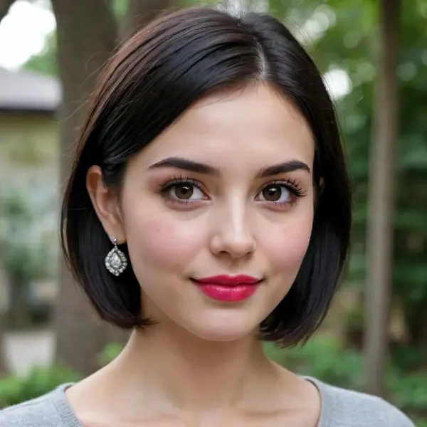 pretty 18yrs old black-haired cutie, straight short bob cut, round face, large grey eyes, long eyelashes, bushy eyebrows, snub nose, small mouth with plump raspberry lips, slightly puffy cheeks with dimples, pointed chin, long neck, enigmatic smile, little diamond earrings