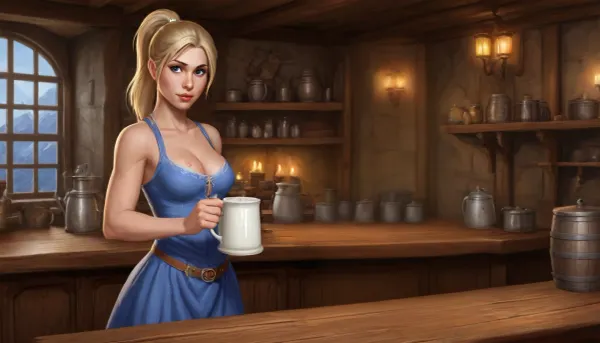 (Haelga from Skyrim, 35 year old, scandinavian, blonde medium hair ponytail, medium breasts, seductive face), inside medieval wooden tavern/inn, (topless blue dress pulled down exposing breasts), (standing behind a wooden counter, squeezing milk out of breasts into a tankard), front view, (fantasy art, artwork, digital painting, concept art, by syd mead, flat colors), <lora:CuteCombine1:.1>, <lora:LegendDarkFantasy-000001:.3>