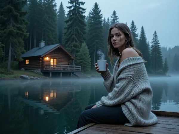a woman wearing a chunky oversized knitted cardigan and dark pants, sitting on a wooden dock by a lake, early morning mist rolling over the water, towering pine forest in the background. She is holding a steaming mug with her hand, looking towards the camera with a clam expression. In the background, (a rustic wooden log cabin:1.2), with warm glowing windows sits nestled among a towering pine forest. The atmosphere is tranquil and foggy, with soft diffused dawn lighting, (cool blue and muted green color palette:1.2), atmospheric haze, ethereal fog, tranquil, serene, melancholic, (highly detailed textures:1.2), 8k resolution, photorealistic, depth of field, sharp focus on the woman, immersive composition, masterpiece, professional landscape photography.
