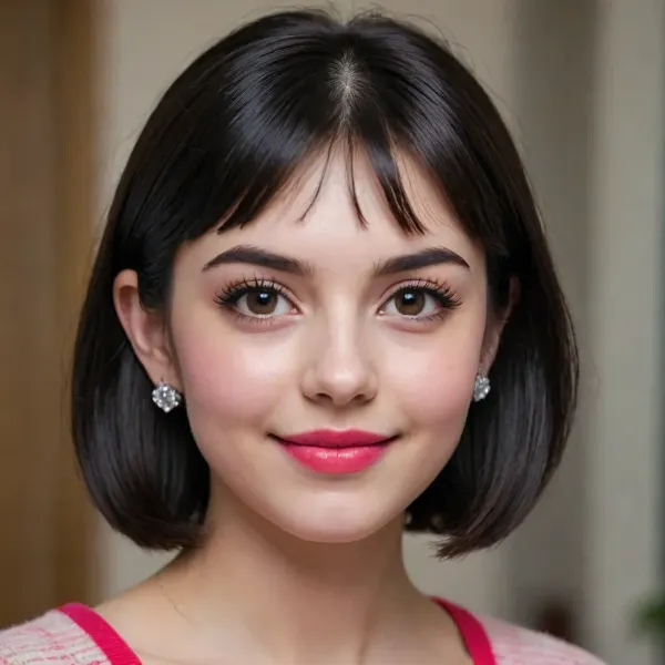 pretty 18yrs old black-haired cutie, straight short bob cut, round face, large grey eyes, long eyelashes, bushy eyebrows, accurate ears, snub nose, small mouth with plump raspberry lips, slightly puffy cheeks with dimples, pointed chin, long neck, enigmatic smile, little diamond earrings
