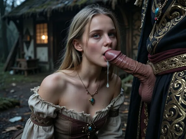 (Photorealistic), The Background is a medieval hut, gloomy, dark-lighted, outside, a young woman, cute face, round face, skinny, petite, very small pointy tits, blonde hair, pale skin, high cheekbones, she is wearing an old torn peasant dress, she kneeling on the ground, a noble man stands beside, the man wears luxus clothes with jewelery, she sucks cock deep in her throath, semen flows out her mouth