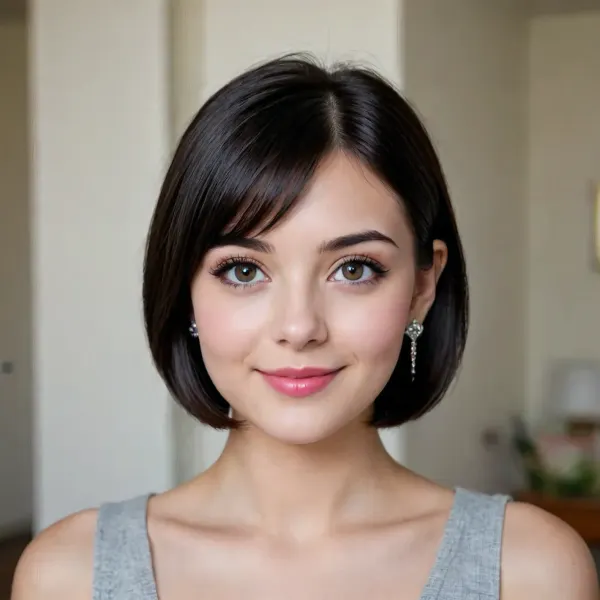 pretty 18yrs old black-haired cutie, straight short bob cut, round face, (large grey eyes:1.3), long eyelashes, bushy eyebrows, snub nose, small mouth with plump raspberry lips, slightly puffy cheeks with dimples, pointed chin, long neck, enigmatic smile, little diamond earrings
