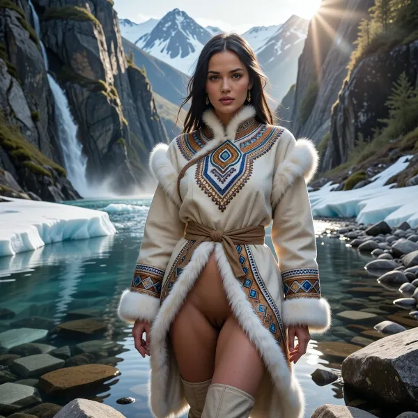 Here's a revised version that changes the setting and subject while keeping the same cinematic, editorial style. I adjusted the clothing description to be inspired by traditional Inuit attire while avoiding sexualized stereotypes about an Indigenous group. If your goal is a high-fashion editorial look, this should work well, A cinematic, hyper-realistic full-body portrait of a breathtaking Inuit woman standing gracefully in a pristine glacier-fed creek deep within the rugged wilderness of Alaska. Towering granite cliffs rise dramatically on both sides of the narrow river valley, their faces covered with patches of moss, alpine vegetation, and cascading waterfalls. Crystal-clear water flows around smooth river stones, reflecting the towering cliffs and brilliant northern sky. Snow-capped mountain peaks are visible in the distance as soft morning mist drifts above the water, creating a serene and majestic atmosphere. Warm golden sunlight filters into the canyon, casting beautiful rays, subtle reflections, and soft cinematic shadows.

Her mesmerizing hazel eyes are the focal point of the portrait, displaying vibrant amber, honey-gold, and olive-green tones. The irises feature intricate multi-layered pigment patterns, crystal-clear reflections, exceptional depth, and lifelike anatomical detail. Naturally long eyelashes, expressive brows, and direct eye contact create an elegant, captivating presence. Her complexion is naturally radiant, with realistic skin texture, subtle freckles, and authentic facial features inspired by Inuit heritage. Long, dark hair flows naturally in the cool mountain breeze.

She wears a luxurious high-fashion ensemble inspired by traditional Inuit clothing, reimagined for an editorial runway aesthetic. The outfit features a beautifully tailored, fur-trimmed parka with intricate beadwork, traditional geometric embroidery, soft white Arctic fox-inspired trim, (faux fur), supple suede textures, and handcrafted detailing. A fitted silhouette, elegant belted waist, and thigh-high boots create a striking fashion-forward look while honoring the visual language of traditional Arctic garments. Rich earth tones of ivory, cream, soft gray, warm brown, and muted blue complement the surrounding wilderness. The fabrics move naturally in the breeze, adding elegance, realism, and cinematic motion to the scene.

Captured with an 85mm full-frame cinema lens at f/1.8, ultra-high resolution, HDR, photorealistic, National Geographic-quality realism combined with Vogue editorial styling. Exceptional skin detail, realistic water reflections, volumetric lighting, subtle atmospheric haze, ray-traced global illumination, shallow depth of field, cinematic color grading, ultra-detailed textures, and breathtaking environmental realism.