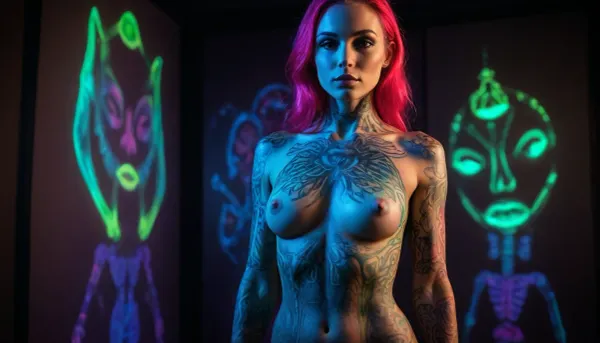 hyper-detailed, and emotionally evocative image depicting a human subject, (male or female), adorned with advanced UV-reactive tattoos and/or body art. The image must showcase the profound aesthetic and technical synergy between the subtle, often invisible, nature of these artworks in normal light and their vibrant, otherworldly luminescence under UV blacklight. The goal is to create a visually arresting narrative that highlights the transformative power of light on the human form, revealing hidden stories, intricate patterns, and a profound connection between art, body, and spectral energy. The subject should exude confidence, artistry, and an ethereal allure, with every luminous detail contributing to a cohesive, high-art aesthetic.
Light Sources, The primary illumination must be a precisely controlled, pervasive UV-A, (365nm), blacklight source, strategically positioned to activate the fluorescent properties of the body art and tattoos. Subtle, diffused neon light elements, (e.g., thin linear tubes, abstract shapes), may be used as background accents or to create soft rim lighting, but must not overpower the UV-induced glow. No other visible light contamination is permitted. The lighting should sculpt the subject's form and accentuate the contours of the body art.
Model, A human model female with a strong, artistic presence. Their pose should be intentional and expressive, emphasizing the flow and detail of the body art. The model's skin should be clean and well-prepared to maximize fluorescence.The subject must be adorned with, UV-Reactive Tattoos, Intricate, high-detail tattoos executed with specialized UV-reactive ink. These tattoos should be largely invisible or subtly present in normal light, but glow vividly, (e.g., electric blue, vibrant green, hot pink), under UV-A blacklight. The designs should be complex, artistic, and integrated with the body's anatomy.
UV-Reactive Body Art, Elaborate body paint or temporary applications using high-intensity fluorescent pigments. These designs should complement or extend the permanent tattoos, creating a layered spectral effect. Patterns could be geometric, organic, or narrative-driven.
Makeup, Minimalist, UV-reactive makeup, (e.g., fluorescent eyeliner, subtle glowing lip tint), that enhances facial features without distracting from the body art. Hair, Hair styled to complement the body art, possibly with subtle UV-reactive highlights or a slee