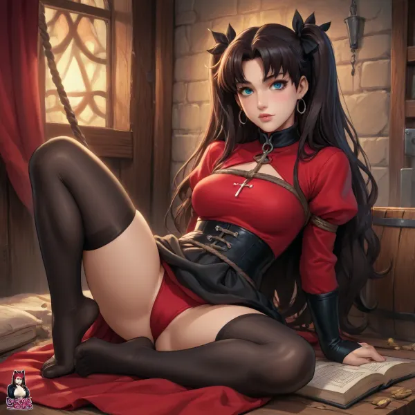 rin tohsaka from fate zero dross style reiq meets, woman, A sexy goth girl wearing a thick collar and black stockings stood in a medieval style BDSM dungeon in rope bondage