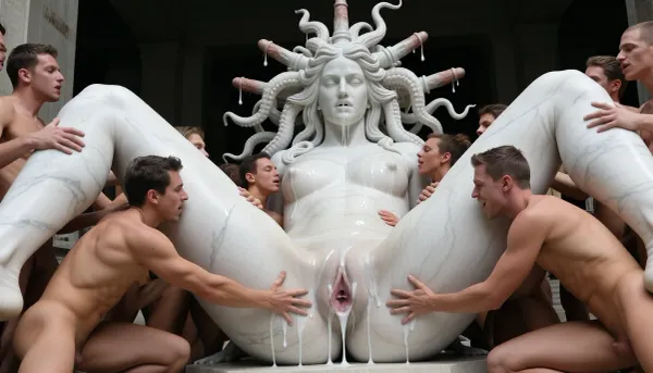 giant white marble statue The gorgon medusa is sitting with her legs spread, (((showing a white huge stretched pussy))), cum drip from gaping anal. instead of hair, hundred there are long tentacles with hundred big penis heads on the head, from which many sperm drips. Many Nude Peoples mans and womans with extasy face stand with pussy and touch cum dripping from pussy and they smear their body with sperm