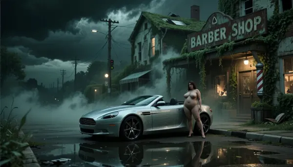 Fantasy setting, cgi Render with imperfections saturated dark green colors Style, The scenario is enveloped in the deepest darkness imaginable, filled with thick, swirling steam and dust that obscures every surface, The air is heavy and thick, and no ray of light penetrates the suffocating haze, dark, black storm clouds rob the scene of the last shred of light, extreme low light, Fantasy Setting, CGI Render, with imperfection, saturated dark green color style, the scene unfolds in the deepest imaginable darkness, filled with dense swirling mist and drifting smoke, the heavy air barely allows faint diffused light to penetrate the haze, creating an eerie cinematic atmosphere, eye level three quarter side perspective, the foreground is dominated by a pristine silver 2009 Aston Martin DB9 convertible, parked perfectly parallel to the curb, flawless deep metallic paint, black forged wheels, mirror-like reflections, the hero object of the composition, A large breasted fat woman with a large belly stands next to it wearing only high heels, a perfectly still rain puddle reflects the Mercedes, ruined buildings and dramatic storm clouds, over twenty years after civilization collapsed the town has been reclaimed by nature, more than seventy percent of every building is covered by ivy, moss, vines and dense vegetation, rooftops partially collapsed beneath greenery, shattered windows, burned facades, peeling paint, rusted signs, broken awnings, twisted traffic lights with no illumination, leaning utility poles, hanging power lines, abandoned burned-out vehicles with missing doors, broken glass and stripped interiors scattered throughout the background, no other functional vehicles remain, across the street behind the Mercedes stands an abandoned BARBER SHOP beneath a weathered wooden porch almost completely swallowed by vegetation, hanging vines and moss, above the entrance a large broken rusted wooden sign reading, BARBER SHOP, with faded peeling letters, beside the entrance a weathered barber pole barely visible beneath ivy, quiet cinematic irony, melancholic atmosphere, physically accurate lighting, volumetric fog, realistic reflections, ultra detailed textures, luxury magazine quality, razor sharp focus, subtle depth of field, photorealistic, 8K, indistinguishable from reality, Masterpiece, ultra realistic award winning editorial automotive photography, authentic full frame DSLR realism