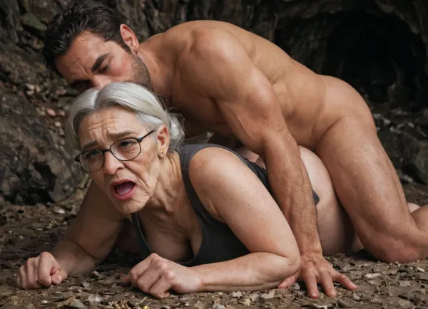 Wrinkled granny with big natural breast, large fat thighs, and a small fat ass, is wearing eye glasses, a denim skirt and a tank top. Giant caveman with a long monstrous penis, is naked. Wrinkled granny looks extremely scared and worried. They are in a dark cave. The cave man gets the wrinkled granny to give him doggy style vaginal sex., ((wrinkled granny)), ((giant caveman)), ((vaginal sex)), ((doggy style sex)), ((titanic cum)), agony, anguish, anxiety, depression, despair, grief, pain, sadness, stress, suffering, <lora:Lamentations-000016:.8>