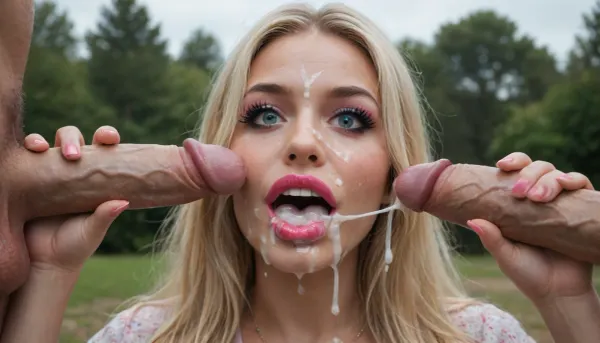 (happy surprised age 25 bukkake whore bimbo slut:1.4), long blonde hair, excessive makeup, unnatural portrait twilight, painted eyes rollingshining iris, very long fake eyelashes, (((too much lipstick sturated))), deepred super glossy, big botox bimbolips, heavy eyeliner, heavy fashion makeup colourful, plastic surgery bimbo face, brunet, (bopcut), slick straight, (blowjob handjob cum facial vainy cock excessive cum dripping mouth:1.4), blue sky