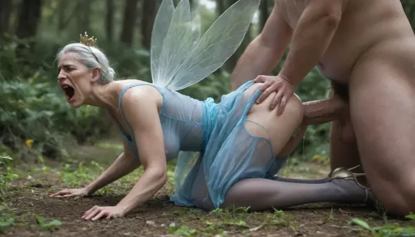 Cinematic side view, deep forest, (giant fit man with ridiculously massive wide hard cock:1.5), (only the man lower body is in frame:1.5), (very rough anal penetration), (giant man pushing his ridiculously massive wide hard cock into her overstretched anus:1.5), fit Granny Fairy Godmother with tinny fairy body, (she is a quarter of their size:1.5), Granny Fairy Godmother, Granny Fairy Godmother with tinny fairy body and saggy tits WEARING FAIRY MOTHER CROWN, fairy wings, wearing half moon glasses, (extreme pain expression:1.5), (eyes closed hard:1.5), (screaming in pain:1.5), granny Fairy Godmother with saggy tits, white pubic hair, bushy pubic hair, (see through blue dress, stockings, crystal high heels), lean fairy, ethereal atmosphere, dramatic side lighting, shadows, hyperrealistic