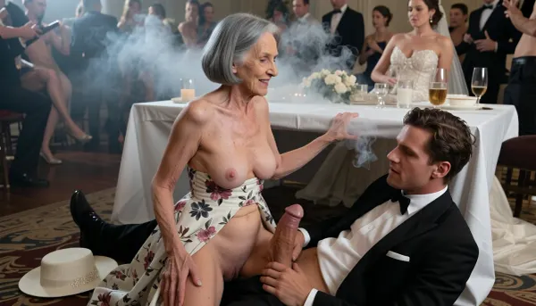 90 years old granny, most wrinkled body, most wrinkled pussy, most wrinkled face, (Mature woman, 90 years old. She has the skin of a 90-year-old woman. Her gray hair is cut in a bob. Her face changes with each shot., (Small, long, sagging breasts, (Highly detailed skin), detailed skin texture, aged and wrinkled body, sagging skin, small soft belly, and shaved pubic area. Gray hair cut in a bob., fat mother of the bride, (kneels under a table:1.6), (sitting astride a man lying down, fucking the cock of the young slim man:1.8), fully formally dressed man with big cock, both under the table, she wears an elegant floral dress outfit, her small sagging breasts hanging out and drooping down, her wedding hat lies on the floor, orgasmic smile, sweaty, brunette disheveled hair, (virginal sex cowgirl:1.8), ((woman sitting on top of the man:1.9)), (man looks like he is ejaculating:1.4), they hide under the table, a bride in wedding dress and several drunk party guests dancing in the blurred background, ballroom, shot from above, haze of cigar smoke in the air, filled with dust and smoke, cinematic moody lighting, tense but charismatic atmosphere, crowd, of, people, cloudy, smoke, atmospheric, clouds, fog))