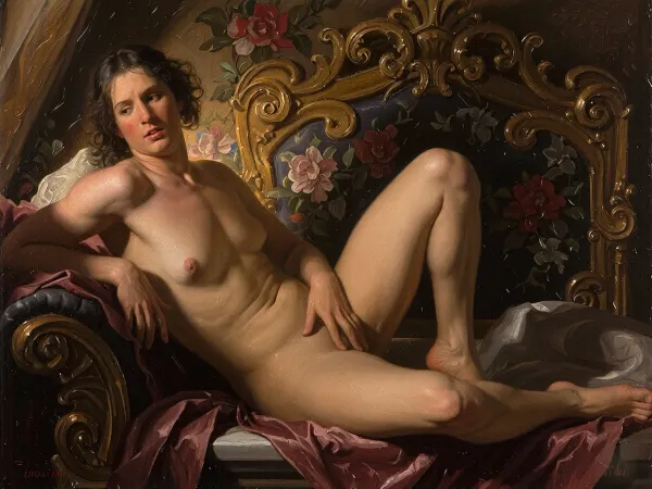 A classical nude study, bathed in warm, golden light in the chiaroscuro style, interwoven with sumptuous Baroque floral motifs, characterised by the dense texture of oil painting on canvas, generous use of the palette knife, thick, oily paint and a mood inspired by the work of Rembrandt, with shades of deep amber, burnt umber and soft highlights on the skin.