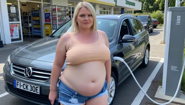 60yo old woman, morbidly obese, ssbbw, chubby, dumb face, sluty, blonde, enormosly big belly, hot pants and tight tank top, hot summer day, waiting while here e-car is charching at supermarket parking lot, german car plate "FI-CK 30E"