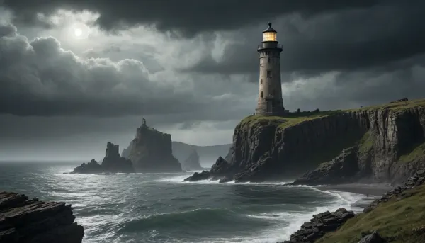 Ancient, weather-beaten lighthouse standing on desolate cliffs in a fantasy post-apocalyptic world. The structure is half-ruined, with vines and moss clinging to its cracked stone surface. Jagged rocky outcrops surround the base, partially submerged in dark, storm-tossed waters.

A mysterious cloaked figure of a witch stands atop a distant cliff, her silhouette outlined against the ominous sky. Heavy rain falls across the landscape, merging with thick mist that clings to the rocks. The atmosphere is one of eerie solitude and ancient magic, with faint lightning illuminating the horizon.

The scene combines elements of dark fantasy and post-apocalyptic desolation, creating a mood of mystery and foreboding. Every surface shows signs of decay and age, with realistic textures of wet stone and decaying masonry. The lighting emphasizes the dramatic tension between darkness and the faint glow of the lighthouse remains.