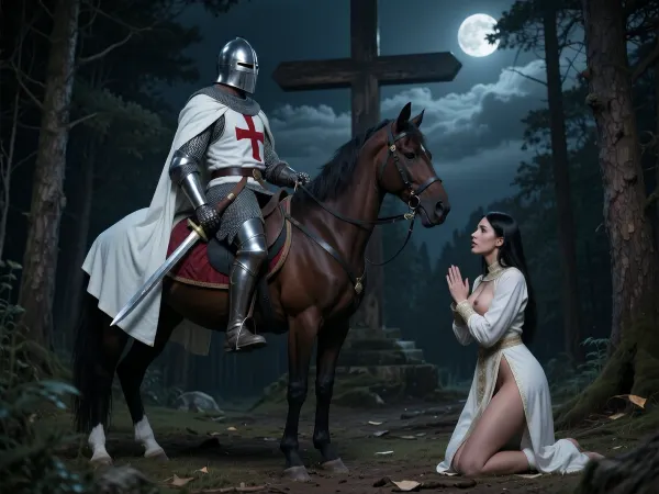 (Photorealistic), The Background is forest at night, great cross, outside, is a crusader horse, a cruser riding crusader horse, the crusader wears a chain amor with a red cross, he wears a full faced plate helmet, he wears white long cape, he wears chain leg amor, on his belt is a sword, the horse wears crusader clothes, gloomy, clouds, full moon

a 30 woman, cute face, medium saggy tits, black straight hair, narrow waist, narrow hips, high cheekbones, pale skin, she wears a full closed oriental dress, show tits, see one tit

with her hands she begs for mercy, she is kneeling on the ground

The man and woman are facing each other.