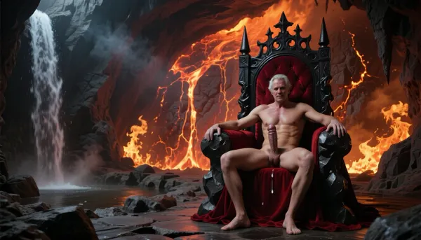 A massive, dark cavern resembling hell — Satan's throne room. The back wall glows with molten lava slowly flowing down its surface. The cave walls are engulfed in roaring flames, casting a fiery glow across the chamber. On the left side, a large waterfall pours into a small, steaming rock basin. In front of the glowing lava wall stands an enormous black throne made with stones and iron, upholstered with rich red velvet — Satan's throne. Satan sits on it, occupying only half the width of the seat. He is completely naked. he is 70 years old. His Penis is hard and big and dripping cum. He has a subtle, almost imperceptible smile on his face, and his arms are extended as if inviting the viewer into his embrace. The atmosphere is intense, infernal, and photorealistic, with dramatic lighting, shadows, and smoke."