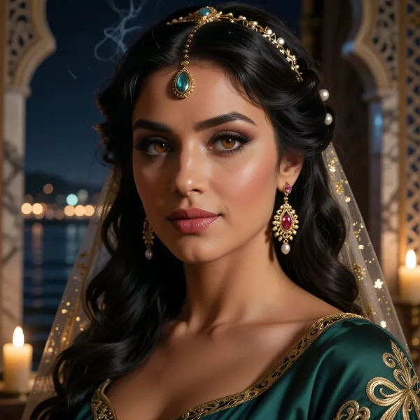 A close-up portrait of the beautiful concubine of the great sultan, a young woman with almond-shaped, amber-brown eyes, thick black eyelashes, straight dark eyebrows, full lips and a soft, languid gaze. Her thick black hair is styled in waves, with some strands falling freely onto her shoulders. On her head is a delicate gold tiara with a large teardrop-shaped turquoise stone at the centre, pearl beads and scrollwork, and a pendant set with an emerald that hangs down onto her forehead. Large gold earrings set with rubies, pearls and openwork filigree. A semi-transparent golden veil embroidered with gold stars. She wears a sumptuous emerald-green silk dress with a plunging neckline, richly embroidered with gold arabesques and scrolls. The backdrop is a night-time view through the arched window of an Ottoman palace, with openwork arches and marble columns, behind her lies the dark water of the bay with the city’s hazy lights in the distance, burning wax candles on either side, and a thin wisp of fragrant smoke above her head. Warm candlelight mingles with the cool glow of the night, a cinematic portrait, with finely rendered skin, realistic textures of silk and metal – a masterpiece, top quality, with beautiful bokeh.