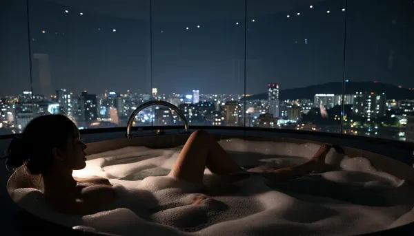 The room inside the house is dark. The night view of Seoul visible through the giant curved glass. Lying in the dark in a bubble foamy bath in the center of the room, her body hid in shadow and under the foam, she is gazing at the magnificent night view. Quiet luxury restful experience. High end light spots very weak coming the top of the frame and projecting a directive warm light on the foam and her