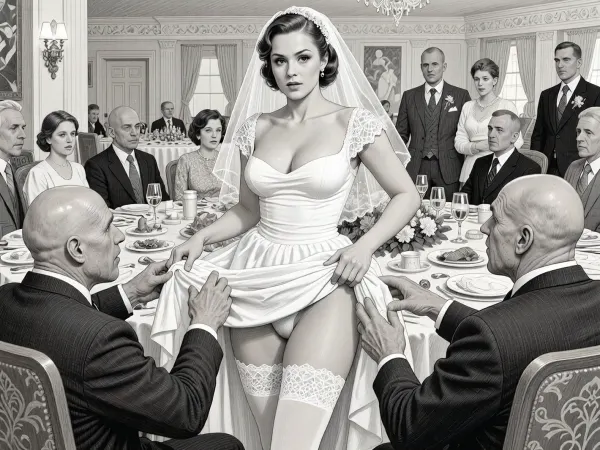 This is is a detailed monochromatic pencil drawing in a classical illustrative style depicts a scene set in USSR, in 1950s, a striking busty bride in a white dress, ((2 ugly bald old men roughly pawing her labia with their fingers)), 2 ugly bald old men mocking, on a festive table during the wedding banquet, She lifts the hem of her wedding dress with her hands, white lace panties, her white stockings are visible, family and parents are watching in their best clothes, a large banquet hall, They celebrate the wedding without noticing the bride, The overall mood is intense, rendered in fine, expressive line work and subtle shading, evoking the style of 1950s satirical or moralistic illustrations.