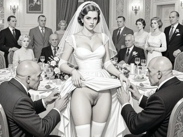 This is is a detailed monochromatic pencil drawing in a classical illustrative style depicts a scene set in USSR, in 1950s, a striking busty bride in a white dress, ((2 ugly bald old men roughly pawing her labia with their fingers)), 2 ugly bald old men mocking, on a festive table during the wedding banquet, She lifts the hem of her wedding dress with her hands, hairy pussy, her white stockings are visible, family and parents are watching in their best clothes, a large banquet hall, They celebrate the wedding without noticing the bride, The overall mood is intense, rendered in fine, expressive line work and subtle shading, evoking the style of 1950s satirical or moralistic illustrations.