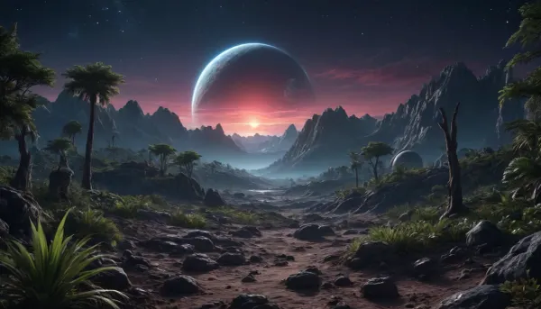 by night, alien planet, alien jungle, some planets satelite visible in sky