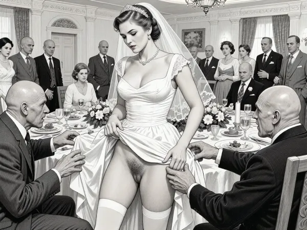 This is is a detailed monochromatic pencil drawing in a classical illustrative style depicts a scene set in USSR, in 1950s, a striking busty bride in a white dress, ((2 ugly bald old men roughly pawing her labia with their fingers)), 2 ugly bald old men mocking, on a festive table during the wedding banquet, She lifts the hem of her wedding dress with her hands, hairy pussy, her white stockings are visible, family and parents are watching in their best clothes, a large banquet hall, They celebrate the wedding without noticing the bride, The overall mood is intense, rendered in fine, expressive line work and subtle shading, evoking the style of 1950s satirical or moralistic illustrations.