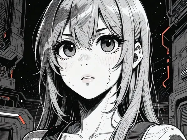 Sci-fi visual novel scene, ink-style shading, gritty crosshatch ink linework, high contrast, digital hentai illustration, Hentai-style, Gyuki.

2d flat hentai aesthetic, detailed high-end hentai style. All rendered with hand-drawn ink outlines, ink outlined background, retro cell-shading with flat sharp shadows, matte finish. Big eyes