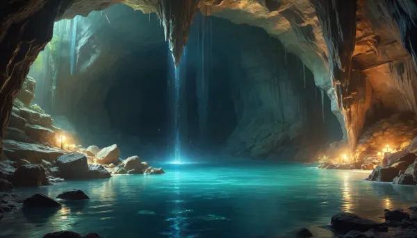 Gorgeous cave. Giant and intricate details. Glistening glowing pools of magical water. Bioluminescent crystals clinging to the cave walls. Garmash. Wlop. Guweiz. Oil paint strokes. Surreal. Outlines. Vivid and surreal crystals and magical water.