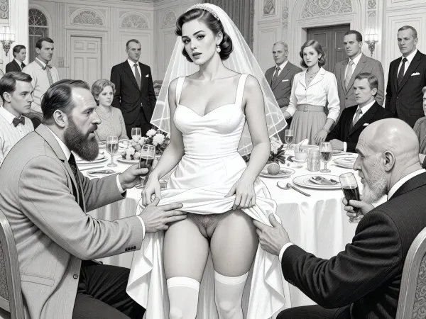 This is is a detailed monochromatic pencil drawing in a classical illustrative style depicts a scene set in USSR, in 1950s, a striking busty bride in a white dress, ((2 drunk Obese ugly hairy bearded Caucasian old men roughly pawing her labia with their fingers)), 2 drunken Obese ugly hairy bearded Caucasian old men mocking, on a festive table during the wedding banquet, She lifts the hem of her wedding dress with her hands, hairy pussy and white stockings are visible, family and parents are watching in their best clothes, a large banquet hall, They celebrate the wedding without noticing the bride, The overall mood is intense, rendered in fine, expressive line work and subtle shading, evoking the style of 1950s satirical or moralistic illustrations.