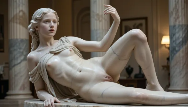 Античная мраморная статуя девушки., (12-year-old sexy, skinny beautiful girl, (loligirl), very beautiful, skinny, small teeny breasts, very skinny legs, very skinny ass, very narrow hips, very narrow pelvis, slender legs, naked), (Photorealistic masterpiece, best quality)