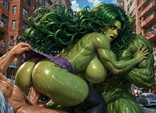 Reiq style, Outdoors, on a skyscraper rooftop, Distant shot, wide shot, Interracial superhero sex, cowgirl sex, powerful naked extremely tall dark skinned African American superhero brute, fucking naked athletic ultra muscular 35yo green skinned She-Hulk superhero body builder, She-Hulk has a beautiful Instagram Model face with equal wide open green eyes full lips and sexy supermodel cheek bones, brute has firm grip on She-Hulk’s waist, She-Hulk is seduced into having rough sex, She-Hulk has enormous muscles all over her body, She-Hulk was a lawyer before she transformed into the She-Hulk, her bra snapped off, her office blouse tore free, her skirt is lifted over her muscular ass, her panties are hanging off her left thigh, her black stockings are stretched and torn, (extremely thick hair:1.4), (She-Hulk has green skin:1.4), huge chest circumference, (massive breasts:1.2), muscular body, hip gap, (narrow waist), pussy cameltoe, She-Hulk has extremely long thick wild green hair, (extremely long hair:1.1), (extremely thick hair:1.3), . Black superhero brute is grabbing She-Hulk by the hips as he fucks her with his long thick cock, his cock is half way into She-Hulk's ass. She-Hulk is powerless to resist, (She-Hulk is in exquisite pain:1.1), (grimacing:1.7), (struggling:1.5), rough sex, She-Hulk is exhausted, sweating heavily, covered in sweat, (oiled body:1.5), (bukkake:1), <lora:add-detail-xl:.8>, <lora:detailed_notrigger:2>, <lora:LCMTurboMix_Euler_A_fix:.8>