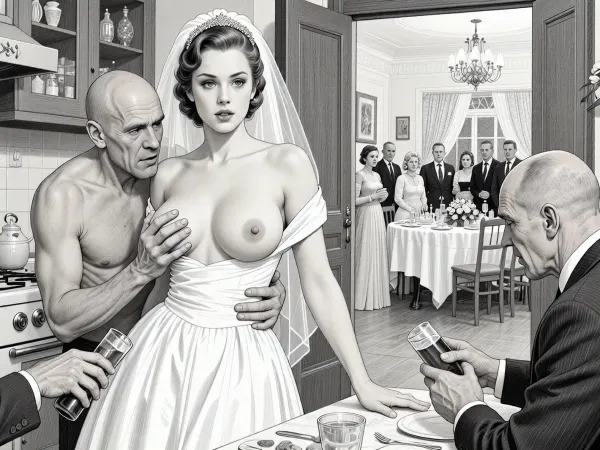 This is is a detailed monochromatic pencil drawing in a classical illustrative style depicts a scene set in USSR, in 1950s, a striking busty slutty bride in a white dress in the restaurant kitchen, ((2 drunk ugly bald old men roughly pawing her tits with their fingers)), 2 drunken marginalugly old men mocking, the restaurant hall is visible through the open kitchen door, on a festive table during the wedding banquet, family and parents are watching in their best clothes, a large banquet hall, They celebrate the wedding without noticing the bride, The overall mood is intense, rendered in fine, expressive line work and subtle shading, evoking the style of 1950s satirical or moralistic illustrations.