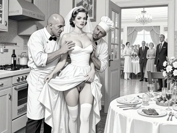 This is is a detailed monochromatic pencil drawing in a classical illustrative style depicts a scene set in USSR, in 1950s, a striking busty slutty bride in a white dress in the restaurant kitchen, ((2 drunk ugly bald old cooks roughly pawing her tits with their fingers)), 2 drunken marginalugly old cooks mocking, on a festive table during the wedding banquet, She lifts the hem of her wedding dress with her hands, hairy pussy, her white stockings are visible, the restaurant hall is visible through the open kitchen door, family and parents are watching in their best clothes, a large banquet hall, They celebrate the wedding without noticing the bride, The overall mood is intense, rendered in fine, expressive line work and subtle shading, evoking the style of 1950s satirical or moralistic illustrations.