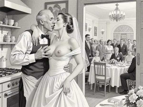 This is is a detailed monochromatic pencil drawing in a classical illustrative style depicts a scene set in USSR, in 1950s, a striking busty slutty bride in a white dress, hugs and passionately kisses an old waiter in the restaurant kitchen who roughly and imperiously paws her tits, ((drunk marginal old waiter roughly pawing her exposed tits with his fingers)), the restaurant hall is visible through the open kitchen door, on a festive table during the wedding banquet, family and parents are watching in their best clothes, a large banquet hall, They celebrate the wedding without noticing the bride, The overall mood is intense, rendered in fine, expressive line work and subtle shading, evoking the style of 1950s satirical or moralistic illustrations.
