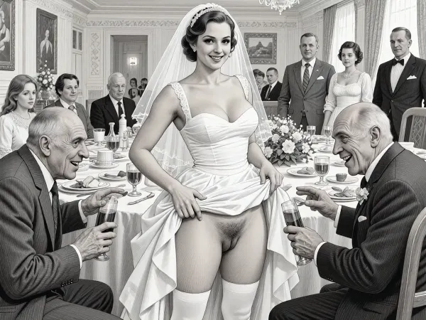 This is is a detailed monochromatic pencil drawing in a classical illustrative style depicts a scene set in USSR, in 1950s, a striking busty bride in a white dress, ((2 drunk ugly fat old men roughly pawing her labia with their fingers)), 2 drunken ugly fat old men mocking, lustful mocking smile men's ugly face, on a festive table during the wedding banquet, She lifts the hem of her wedding dress with her hands, hairy pussy, her white stockings are visible, family and parents are watching in their best clothes, a large banquet hall, They celebrate the wedding without noticing the bride, The overall mood is intense, rendered in fine, expressive line work and subtle shading, evoking the style of 1950s satirical or moralistic illustrations.